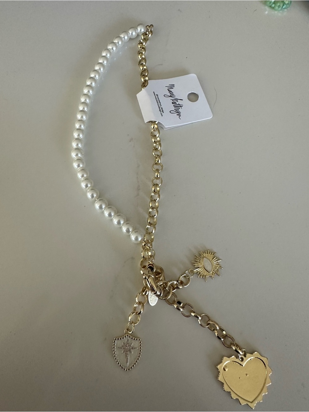 NWT Gold and White Pearl Charm Necklace